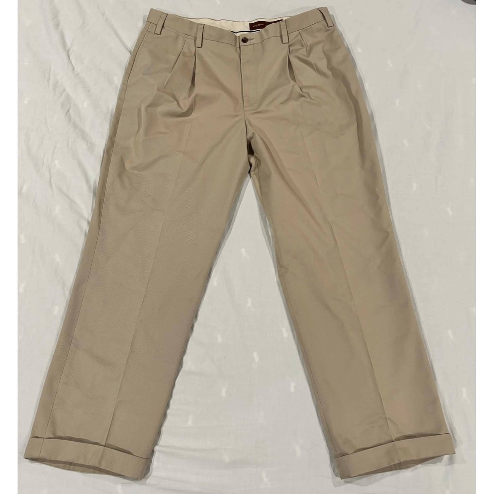 Eddie Bauer Ruston Fit Pleated Khaki Pants Mens 40x34 Tan Wrinkle Resistant - Picture 1 of 11
